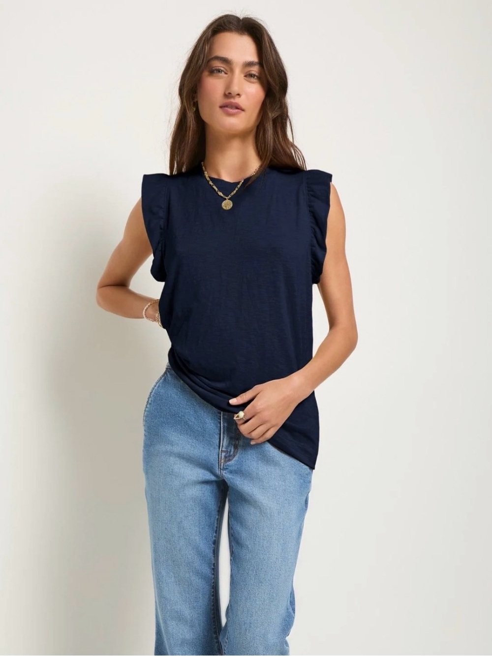 Sleeveless Navy Sapphire Blue Ruffle-Shoulder Tank Top by 78&SUNNY